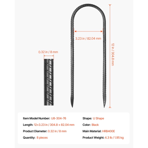 VEVOR 12-Inch Rebar Stakes, Heavy-Duty 0.32 in Diameter U Shape, Galvanized Steel Ground Anchors with Chisel Point End & Rust-Resistant Coating, for