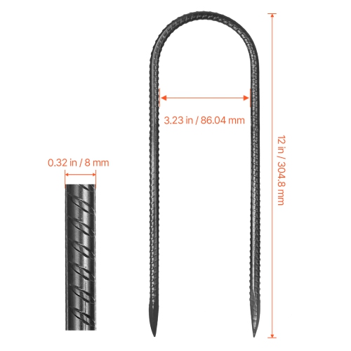 VEVOR 12-Inch Rebar Stakes, Heavy-Duty 0.32 in Diameter U Shape, Galvanized Steel Ground Anchors with Chisel Point End & Rust-Resistant Coating, for