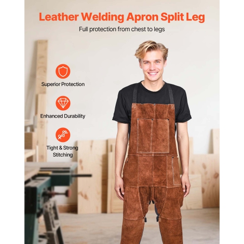 VEVOR 3 Pockets Leather Welding Apron Split Leg, Heavy Duty Cowhide Flame Resistant Welding Pants for Men Women, Heat-Resistant Safety Apron for