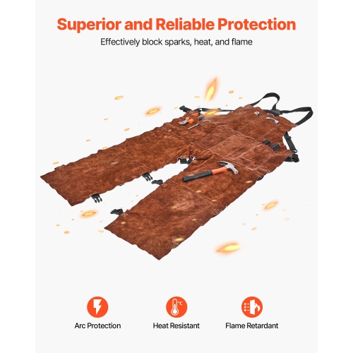 VEVOR 3 Pockets Leather Welding Apron Split Leg, Heavy Duty Cowhide Flame Resistant Welding Pants for Men Women, Heat-Resistant Safety Apron for