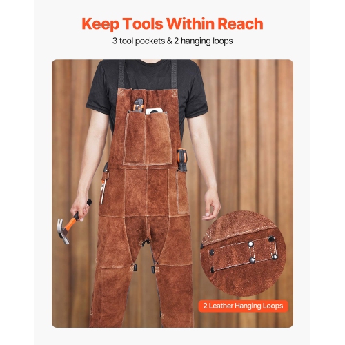 VEVOR 3 Pockets Leather Welding Apron Split Leg, Heavy Duty Cowhide Flame Resistant Welding Pants for Men Women, Heat-Resistant Safety Apron for