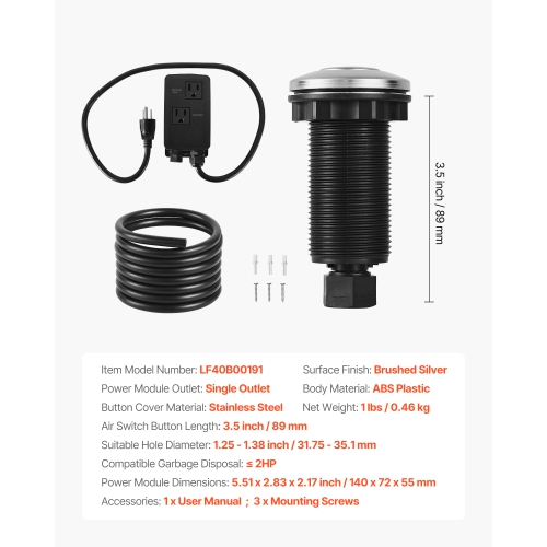 VEVOR Garbage Disposal Air Switch Kit, Dual Outlet Sink Top Air Switch for Food Waste Disposal, 3.5-inch Long Brushed Silver Stainless Steel ON/OFF