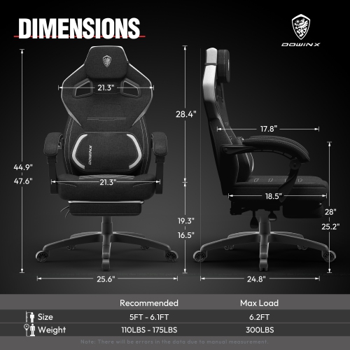 Dowinx Fabric Gaming Chair with Footrest, Big and Tall PC Gamer Chair with Lumbar Support, Wide Back Computer Gaming Chair for Heavy People, Grey