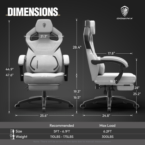 Dowinx Fabric Gaming Chair with Footrest, Big and Tall PC Gamer Chair with Lumbar Support, Wide Back Computer Gaming Chair for Heavy People, Grey