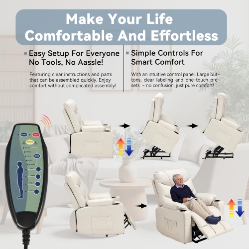 AECOJOY Multi-Function Power Lift Recliner with Heated Vibration Massage for Elderly, Cream Beige