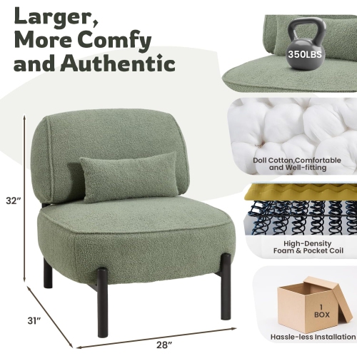 AECOJOY Mid Century Modern Accent Chair, Extra Large Teddy Upholstered Lounge Chair with Pillow, Green