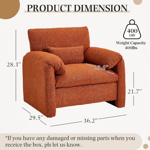 AECOJOY Oversized Armchair, Chenille Mid Century Accent Chair, Comfy Upholstered Single Sofa, Extra Wide Reading Chairs, Orange