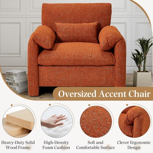 AECOJOY Oversized Armchair, Chenille Mid Century Accent Chair, Comfy Upholstered Single Sofa, Extra Wide Reading Chairs, Orange