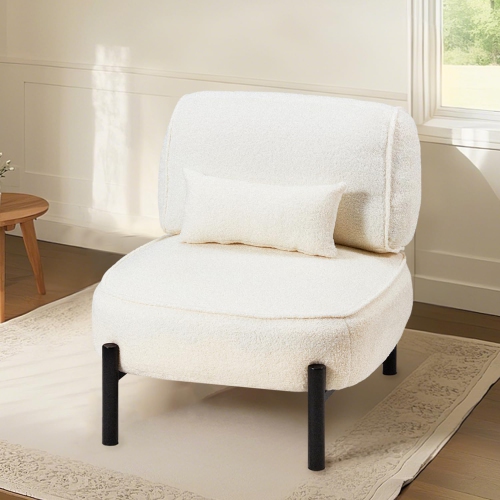 AECOJOY Mid Century Modern Accent Chair, Extra Large Teddy Upholstered Lounge Chair with Pillow, White