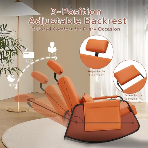 AECOJOY Rocking Chair, Nursery Glider Rocking Recliner Chair with Retractable Footrest & Adjustable Backrest, Orange Leather