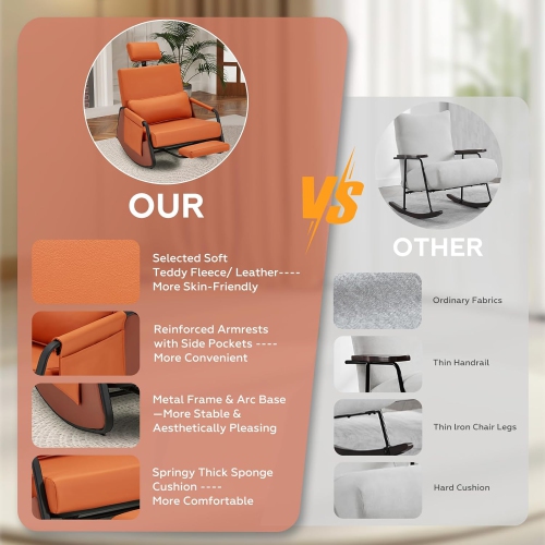 AECOJOY Rocking Chair, Nursery Glider Rocking Recliner Chair with Retractable Footrest & Adjustable Backrest, Orange Leather