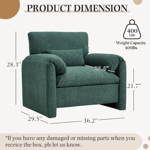 AECOJOY Oversized Armchair, Chenille Mid Century Accent Chair, Comfy Upholstered Single Sofa, Extra Wide Reading Chairs, Green