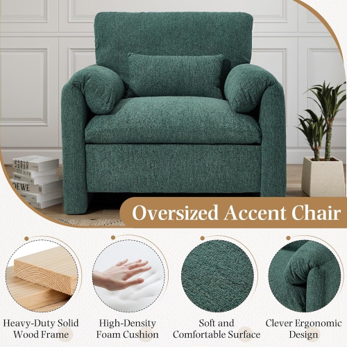 AECOJOY Oversized Armchair, Chenille Mid Century Accent Chair, Comfy Upholstered Single Sofa, Extra Wide Reading Chairs, Green