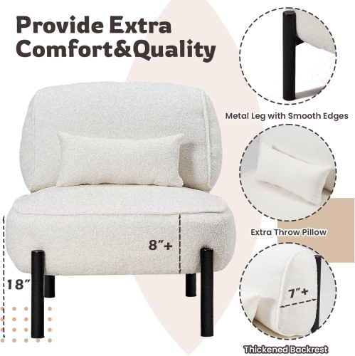 AECOJOY Mid Century Modern Accent Chair, Extra Large Teddy Upholstered Lounge Chair with Pillow, White