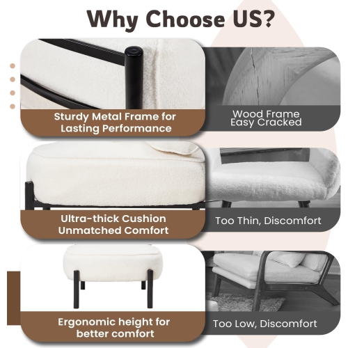 AECOJOY Mid Century Modern Accent Chair, Extra Large Teddy Upholstered Lounge Chair with Pillow, White