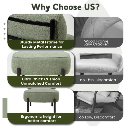 AECOJOY Mid Century Modern Accent Chair, Extra Large Teddy Upholstered Lounge Chair with Pillow, Green