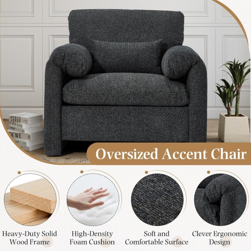 AECOJOY Oversized Armchair, Chenille Mid Century Accent Chair, Comfy Upholstered Single Sofa, Extra Wide Reading Chairs, Black