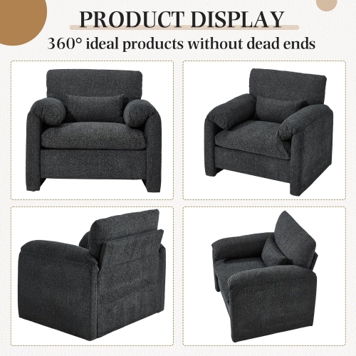 AECOJOY Oversized Armchair, Chenille Mid Century Accent Chair, Comfy Upholstered Single Sofa, Extra Wide Reading Chairs, Black