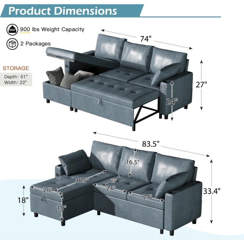 AECOJOY 83.5'' Convertible Sofa Bed, Sleeper Sofa Couch with Pullout Bed for Living Room, Blue