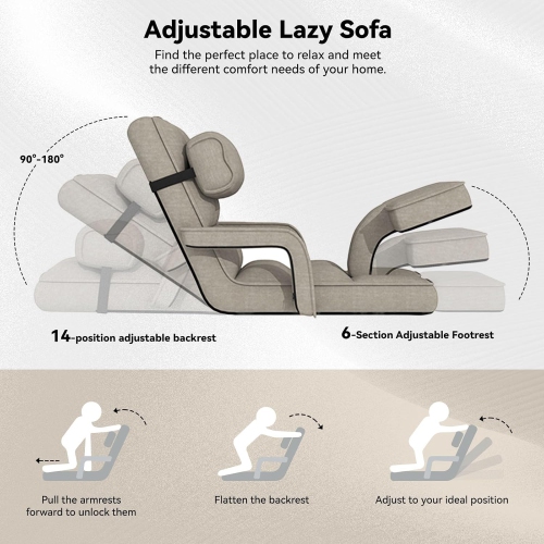 AECOJOY Floor Chair, Padded Folding Gaming Chair with 14-Level Adjustable Backrest, Portable Lazy Sofa for Living Room, Beige