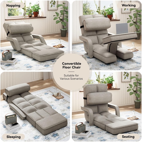 AECOJOY Floor Chair, Padded Folding Gaming Chair with 14-Level Adjustable Backrest, Portable Lazy Sofa for Living Room, Beige