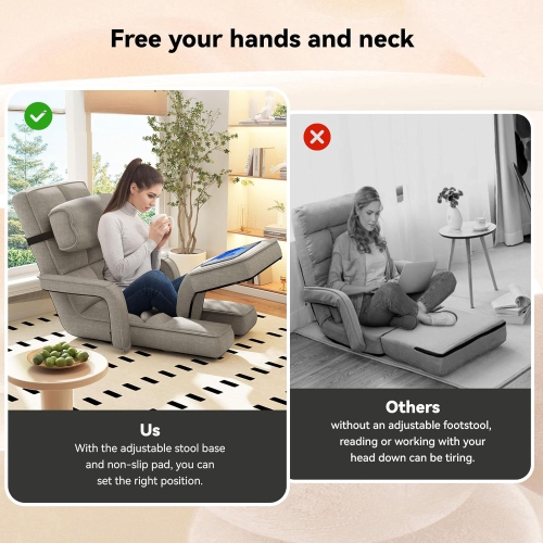 AECOJOY Floor Chair, Padded Folding Gaming Chair with 14-Level Adjustable Backrest, Portable Lazy Sofa for Living Room, Beige