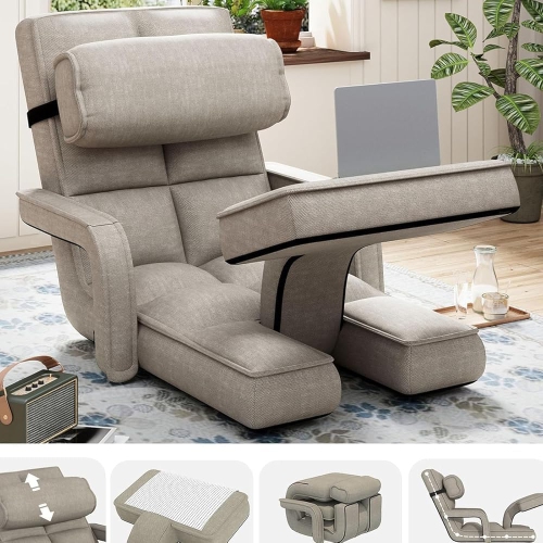 AECOJOY Floor Chair, Padded Folding Gaming Chair with 14-Level Adjustable Backrest, Portable Lazy Sofa for Living Room, Beige