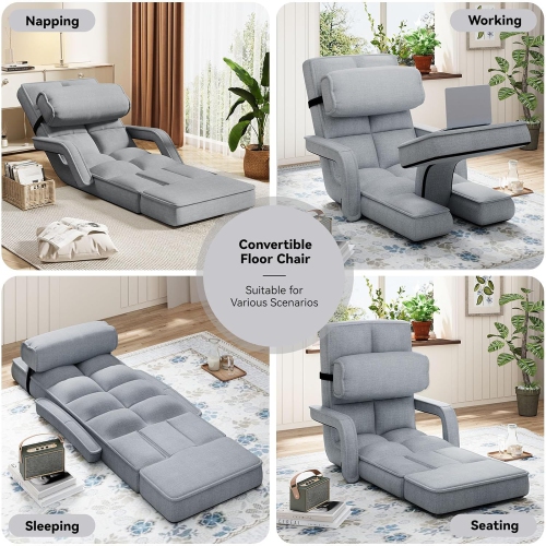 AECOJOY Floor Chair, Padded Folding Gaming Chair with 14-Level Adjustable Backrest, Portable Lazy Sofa for Living Room, Grey