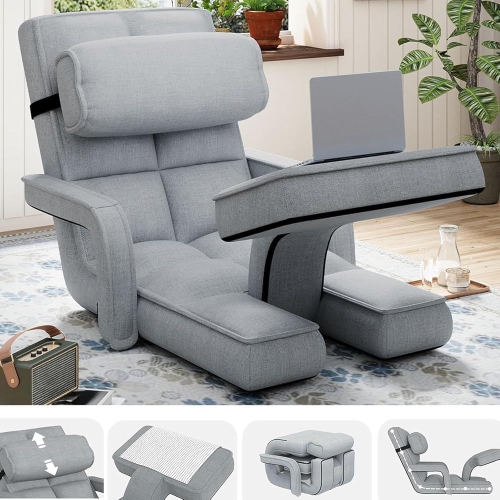 AECOJOY Floor Chair, Padded Folding Gaming Chair with 14-Level Adjustable Backrest, Portable Lazy Sofa for Living Room, Grey