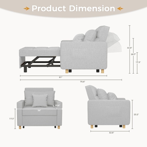 AECOJOY 36" Sleeper Chair, Convertible Chair Bed for Adults, 3-in-1 Pull Out Sofa Chair, Grey