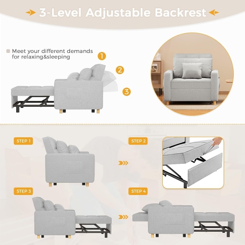 AECOJOY 36" Sleeper Chair, Convertible Chair Bed for Adults, 3-in-1 Pull Out Sofa Chair, Grey
