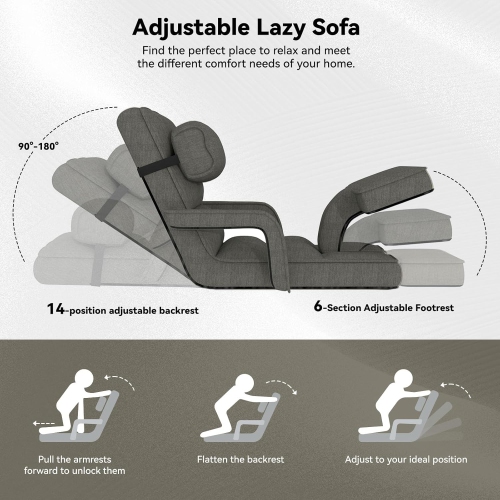 AECOJOY Floor Chair, Padded Folding Gaming Chair with 14-Level Adjustable Backrest, Portable Lazy Sofa for Living Room, Dark Gray