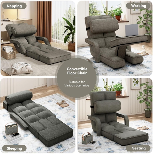 AECOJOY Floor Chair, Padded Folding Gaming Chair with 14-Level Adjustable Backrest, Portable Lazy Sofa for Living Room, Dark Gray