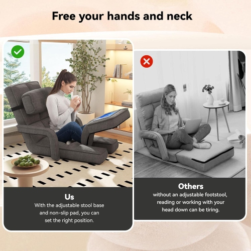 AECOJOY Floor Chair, Padded Folding Gaming Chair with 14-Level Adjustable Backrest, Portable Lazy Sofa for Living Room, Dark Gray