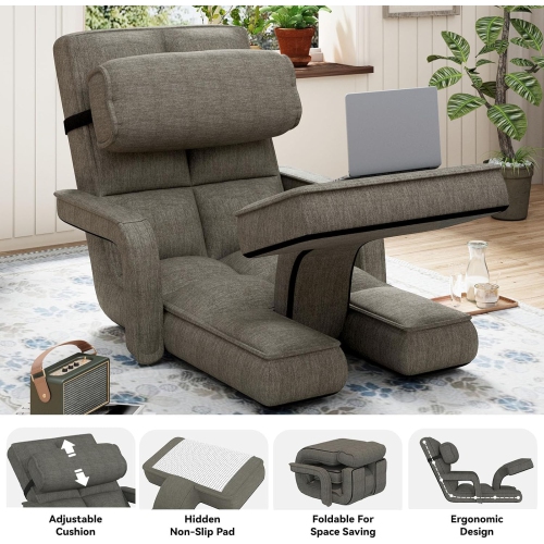 AECOJOY Floor Chair, Padded Folding Gaming Chair with 14-Level Adjustable Backrest, Portable Lazy Sofa for Living Room, Dark Gray