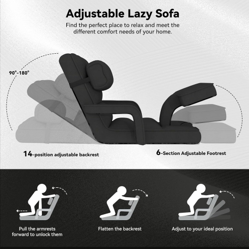 AECOJOY Floor Chair, Padded Folding Gaming Chair with 14-Level Adjustable Backrest, Portable Lazy Sofa for Living Room, Black