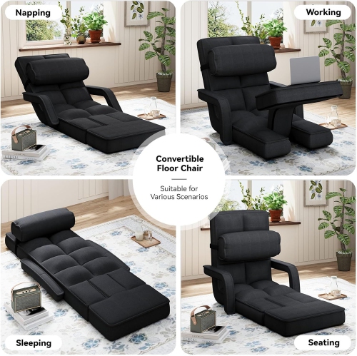 AECOJOY Floor Chair, Padded Folding Gaming Chair with 14-Level Adjustable Backrest, Portable Lazy Sofa for Living Room, Black