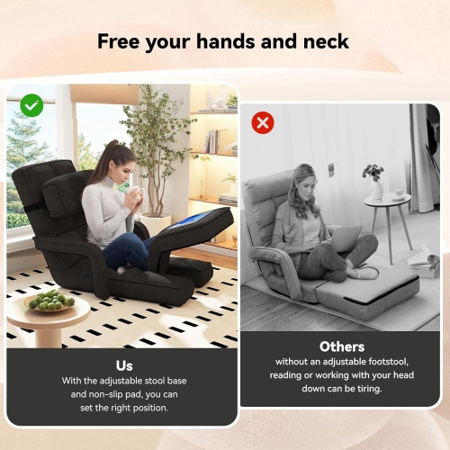 AECOJOY Floor Chair, Padded Folding Gaming Chair with 14-Level Adjustable Backrest, Portable Lazy Sofa for Living Room, Black