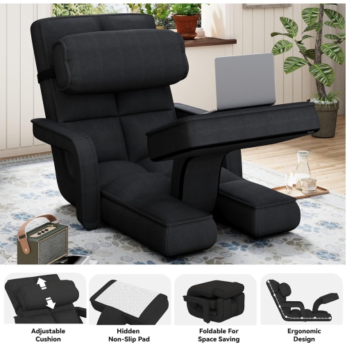 AECOJOY Floor Chair, Padded Folding Gaming Chair with 14-Level Adjustable Backrest, Portable Lazy Sofa for Living Room, Black