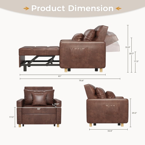 AECOJOY 36" Sleeper Chair, Convertible Chair Bed for Adults, 3-in-1 Pull Out Sofa Chair, Brown