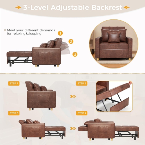 AECOJOY 36" Sleeper Chair, Convertible Chair Bed for Adults, 3-in-1 Pull Out Sofa Chair, Brown