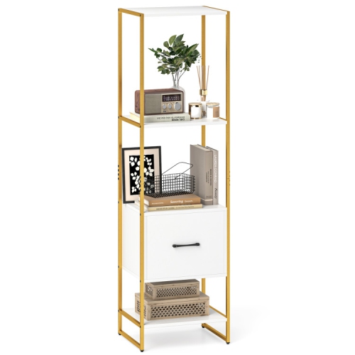 Compact 5-Tier Bookshelf – Narrow Bookcase with Drawer and 4-Tier Open Storage
