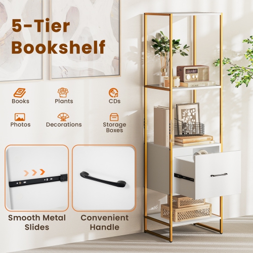 Compact 5-Tier Bookshelf – Narrow Bookcase with Drawer and 4-Tier Open Storage