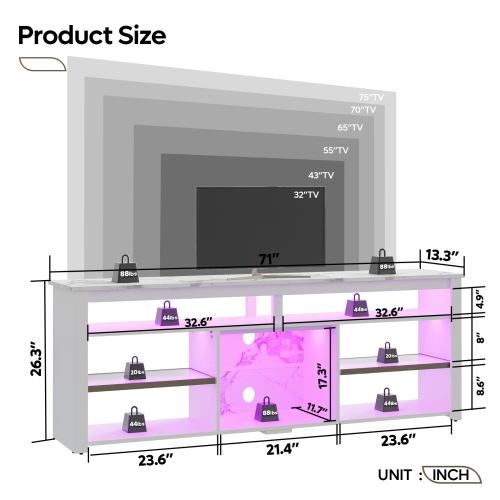 Bestier 70" Gaming TV Console for TVs up to 75 inch, LED Media Console with Storage and Adjustable Storage Shelves