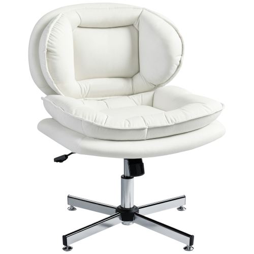 HOMCOM Criss Cross Office Chair No Wheels, Armless Task Desk Chair with Wide Seat, Leathaire, Adjustable Height, Tilting, Double-Tier Padding ,White