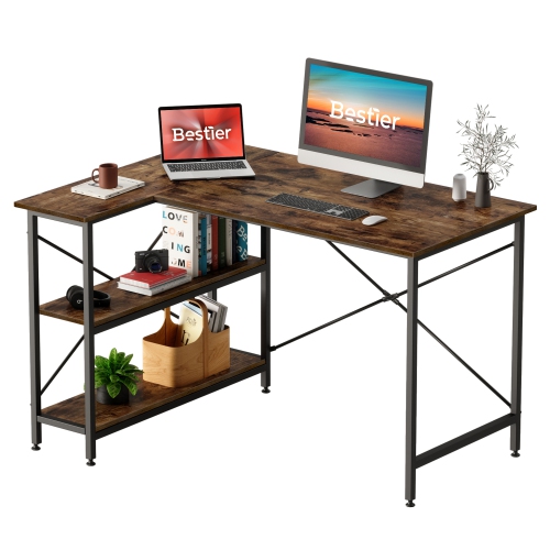 Bestier Small L Shaped Desk with Shelves 47 Inch Reversible Corner Computer Desk Writing Gaming Storage Table for Home Office Small Space, Rustic