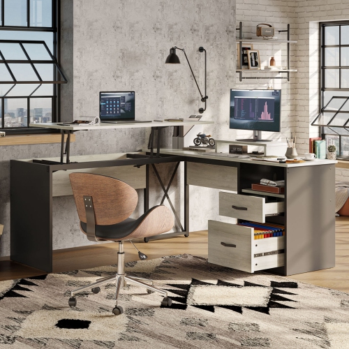 Bestier Lift Top L Shaped Desk with File Drawer, 55'' x 55'' Office Desk with Reversible Storage Drawers, L Shaped Standing Desk with Computer