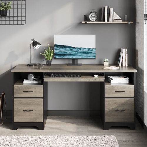 Bestier 59'' Executive Desk with 2 File and Storage Drawers, Computer Desk with Keyboard Tray and 2 Open Compartments