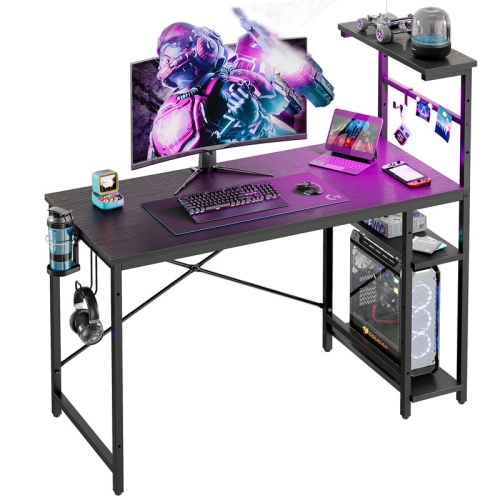 Bestier 44.3" Gaming Desk with RGB LED Light, Computer Desk with 4 Tier Reversible Storage Shelves, Hooks and Magnet