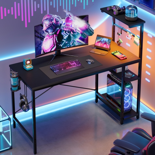 Bestier 44.3" Gaming Desk with RGB LED Light, Computer Desk with 4 Tier Reversible Storage Shelves, Hooks and Magnet